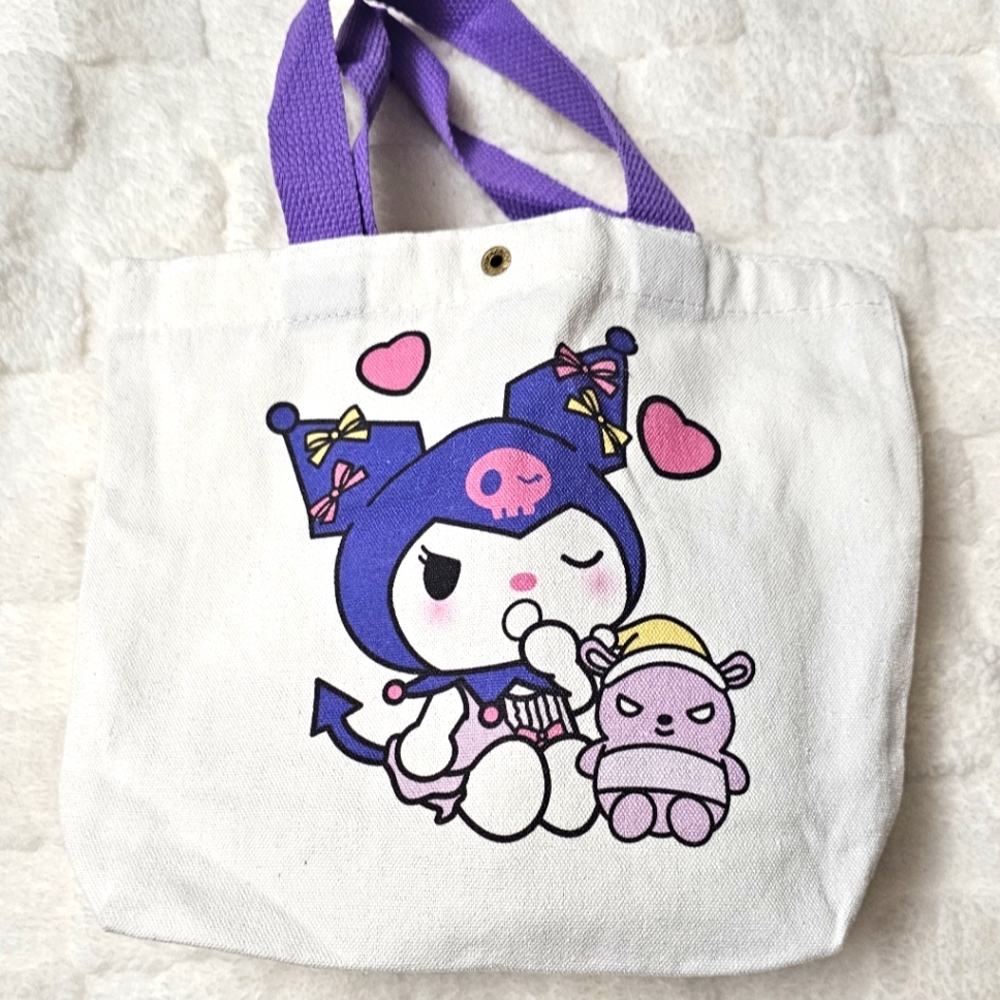 Sanrio Cute Kuromi Canvas Snap Tote Bag Cartoon Kawaii Kuromi Hand Bag